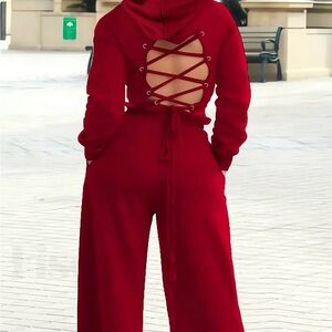 Red Lace-Up Back Two Piece Set